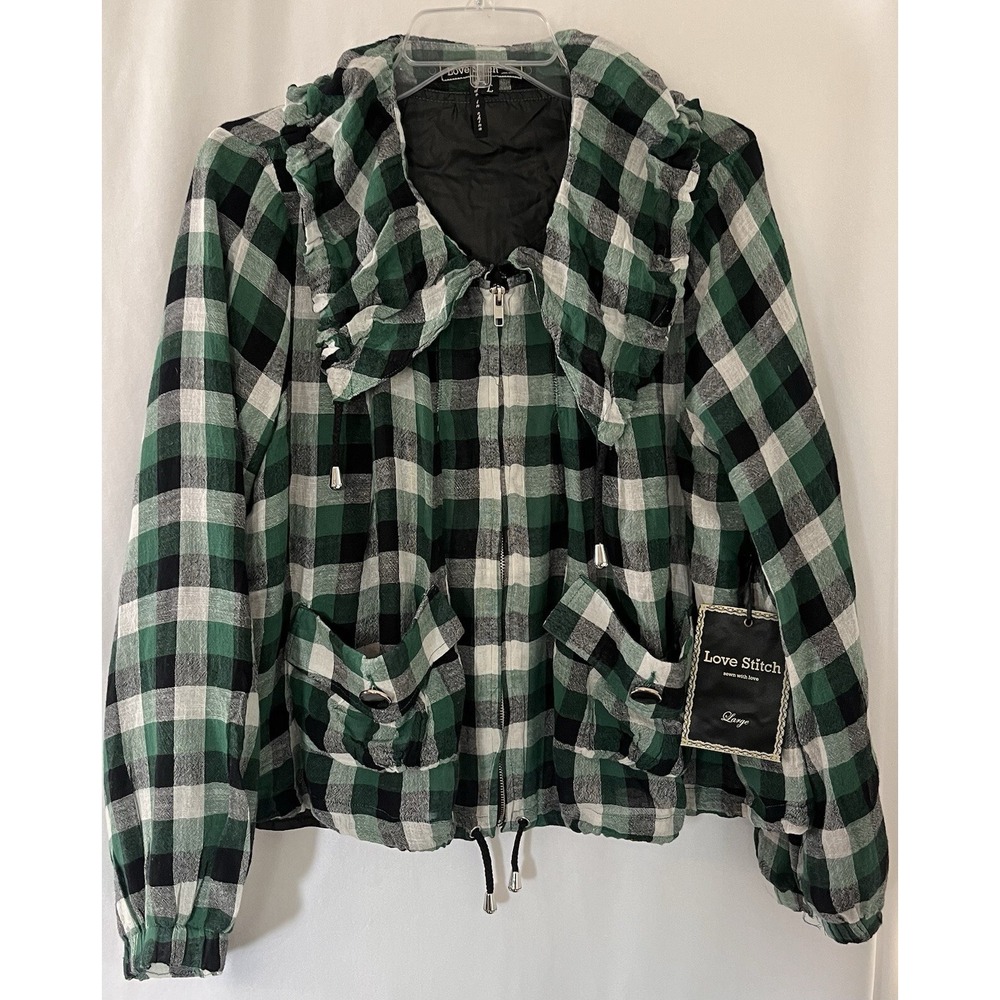LOVE STITCH Green Plaid Cotton Blend Drawstring Bomber Jacket Pocket Zipper Sz L